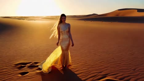 vestido de oro en el desierto al atardecer