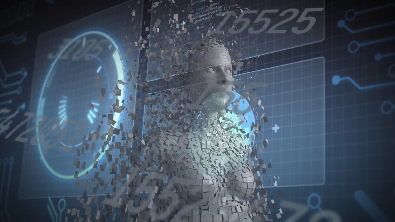 animación de números cambiantes y modelo del cuerpo humano a través de la interfaz con el procesamiento de datos.