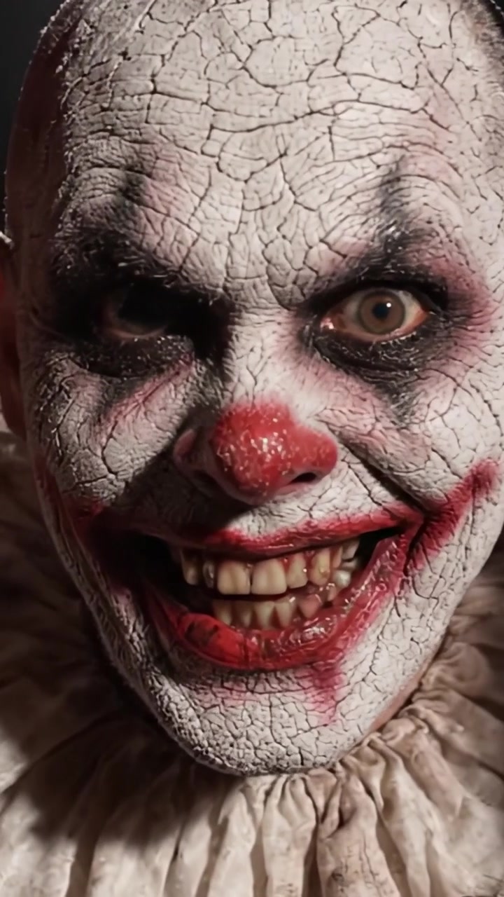 A Haunting Transformation: From Mysterious Velvet Drapes to a Sinister Clown Grin Captured in Two Striking Frames of Eerie Surrealism