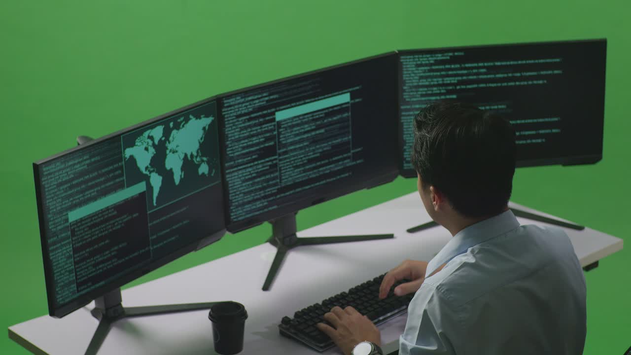 Side View Of Bored Asian Man Developer Write Code With Multiple Computer Screens In Green Screen Studio