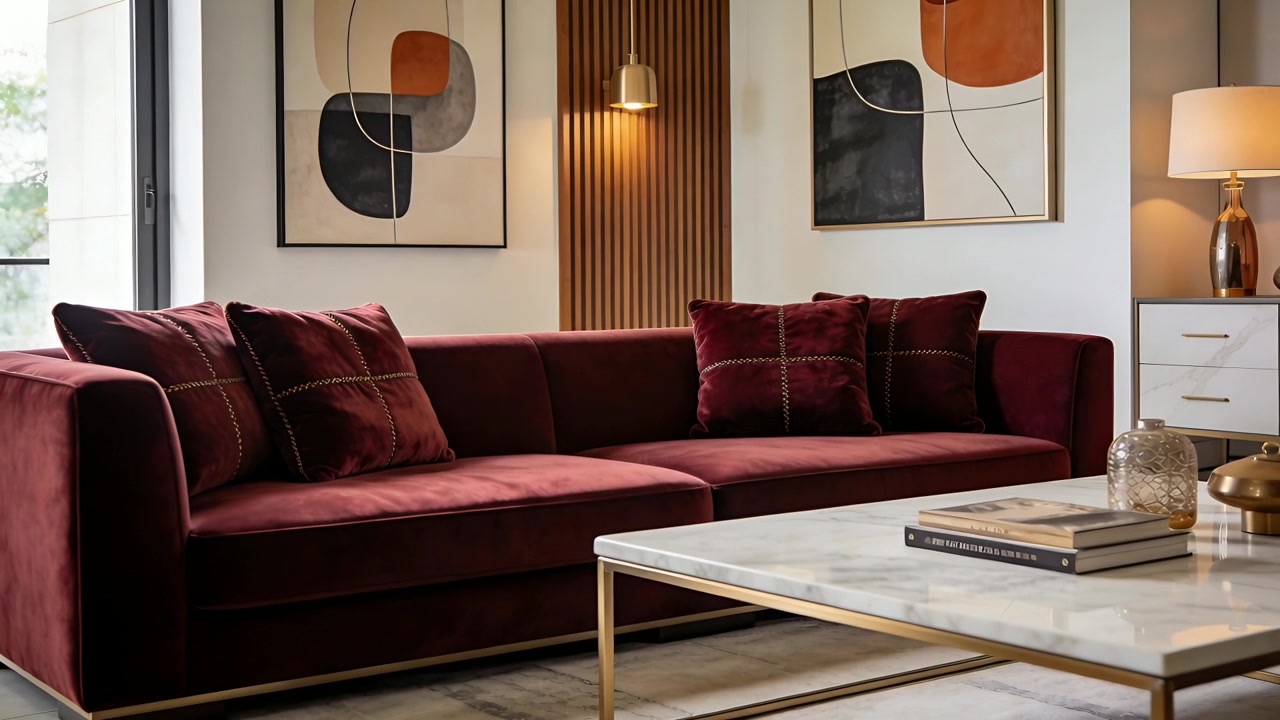 Panning camera shifting right, pushing in living room, highlighting burgundy velvet sofa with books