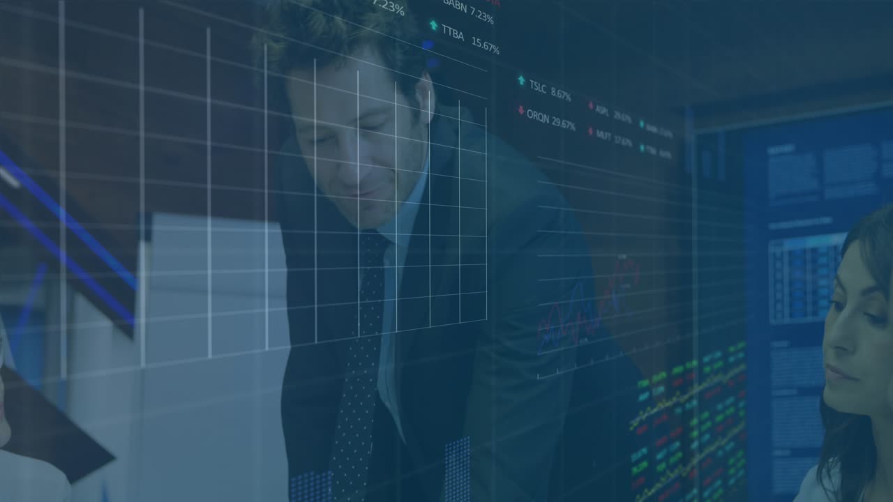 Animation of financial data processing over business people in office