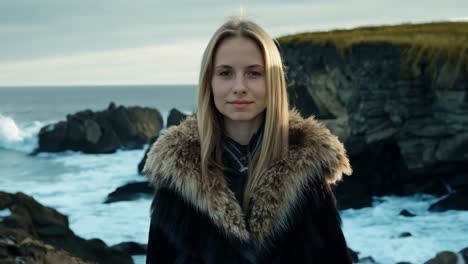 woman in fur coat on a cliff overlooking the ocean