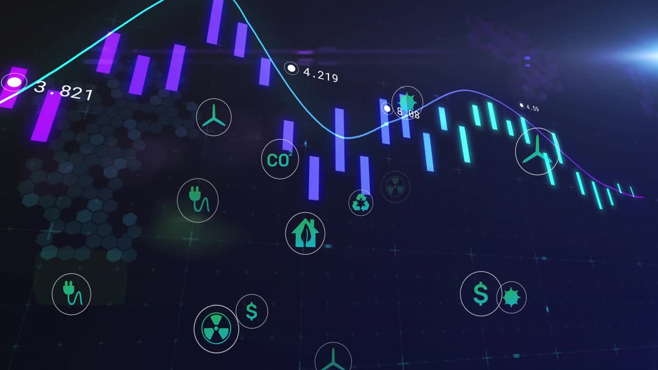 Animated energy dashboard moving as timeline advances, bars shifting, icons grouping to show trends