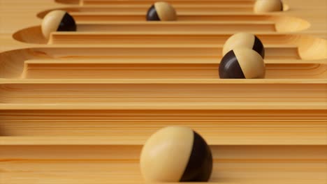 bright colorful background with rolling balls along the paths. plastic ball rolling in geometry deepening. 3d animation of a seamless loop