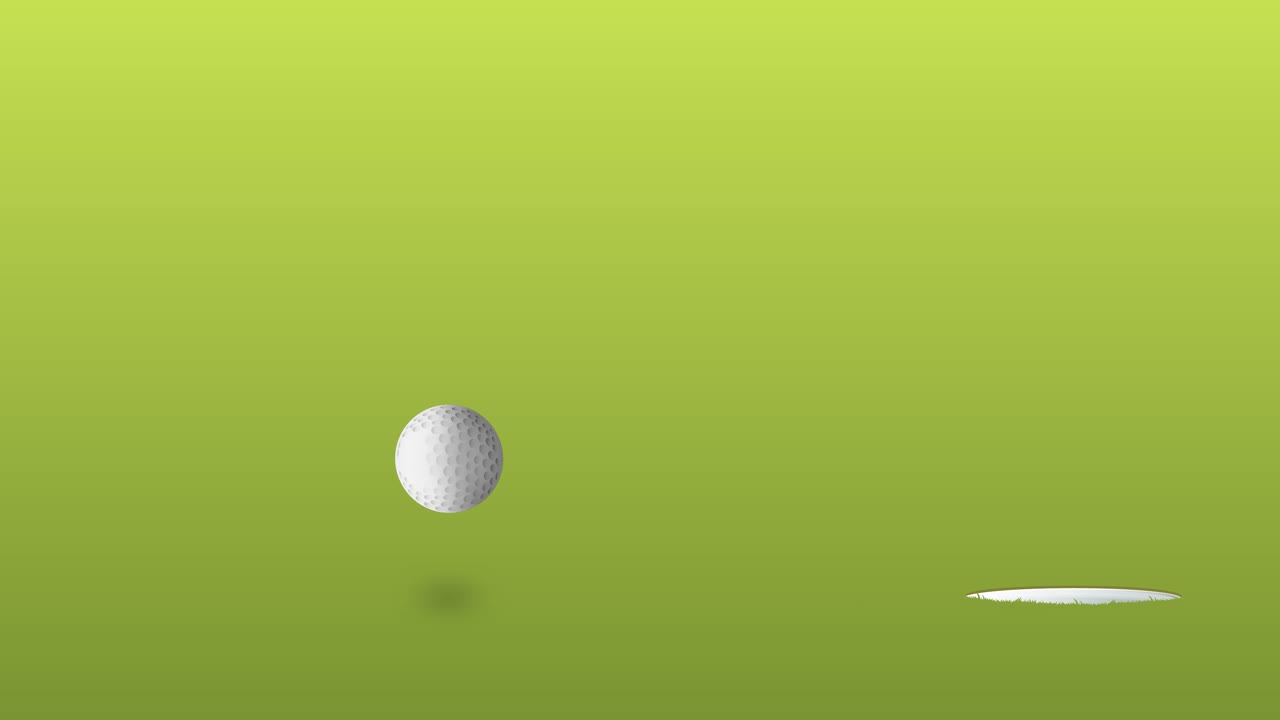 A white golf ball bounces energetically across a smooth green surface, casting shadows, before approaching and partially entering a golf hole in a looping animation