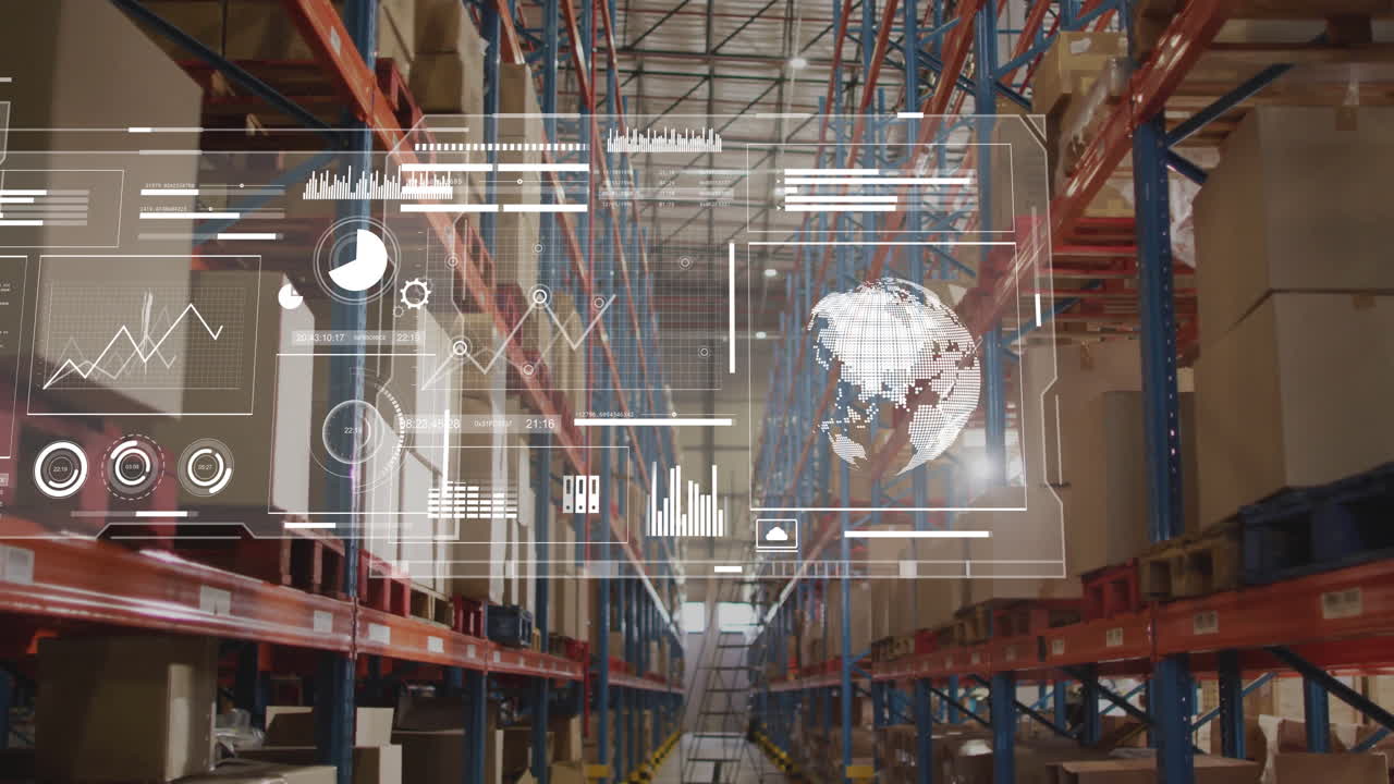 Digital data analytics overlay showing graphs and global connections in warehouse