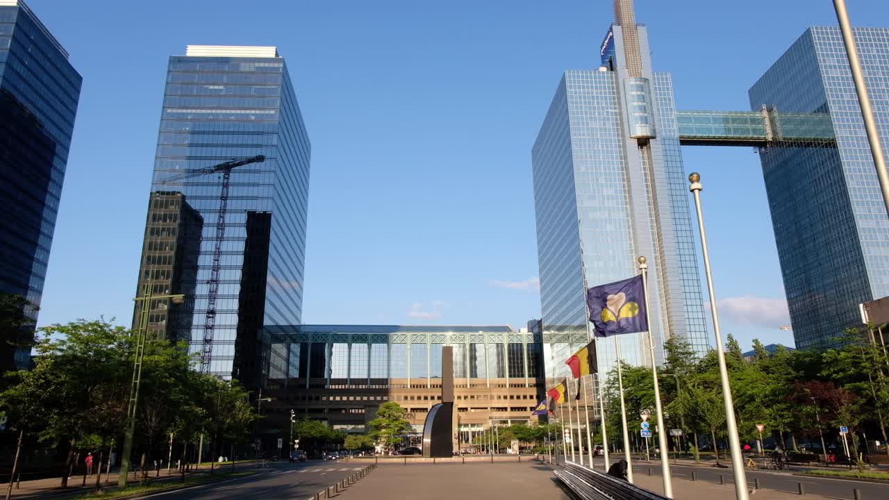 Office buildings near the Brussels North Station. Cars riding on the road Belgium