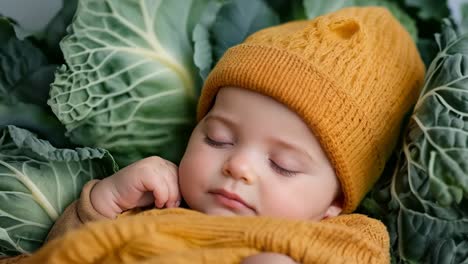 a baby sleeping in a yellow hat on top of a bed of cabbage