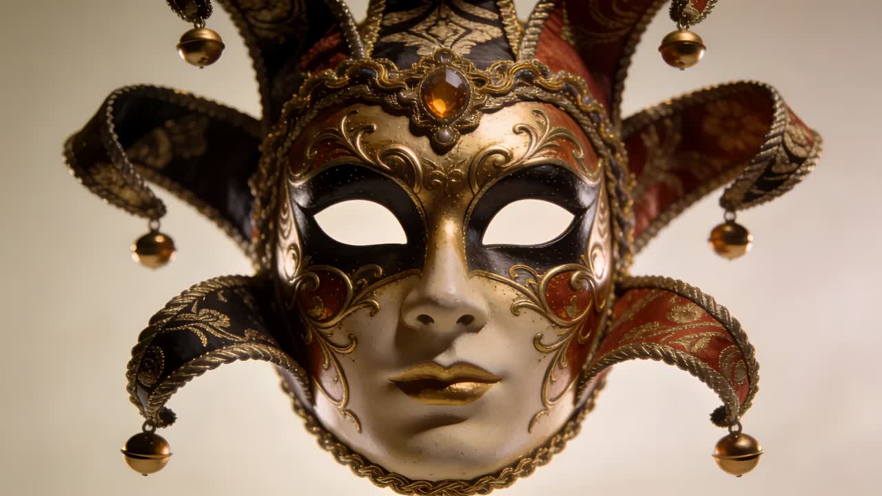 La telecamera zooma avvicinando una maschera ornata in stile giullare su uno sfondo da studio, rivelando filigrana d'oro.
