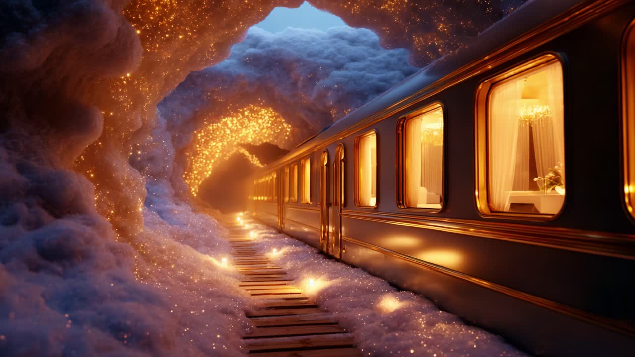 Enchanting Journey Through a Magical Tunnel: A Train Glides Gracefully Along a Path Sparkling with Lights and Surrounded by a Soft, Ethereal Cloud, Creating an Unforgettable Atmosphere of Wonder and Fantasy