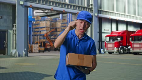 unsatisfied asian male courier in blue uniform shouting to camera while delivering a carton, outside of logistics distributions warehouse