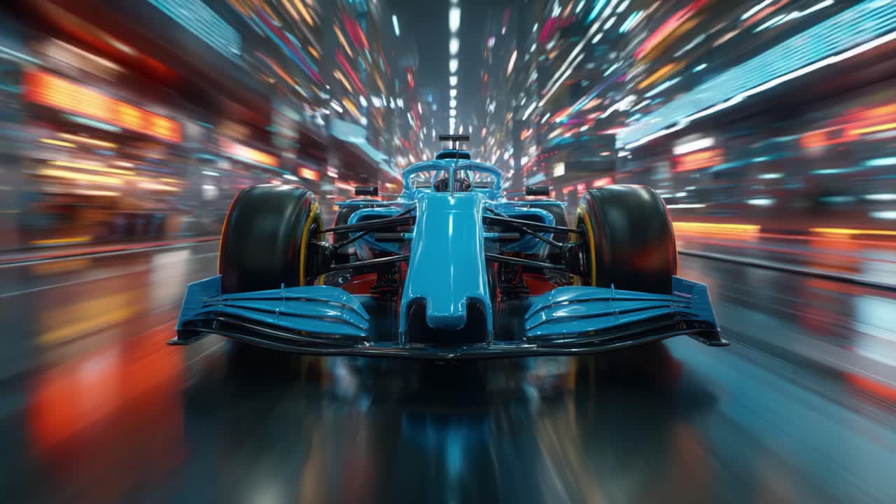 Auto da corsa dinamica in movimento catturata sotto luci al neon ad alta velocità, che mette in mostra un intenso ambiente urbano e il brivido degli sport motoristici