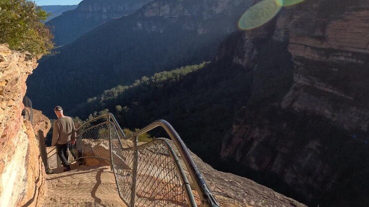 A hiker descends steep sandstone stairs overlooking a deep valley at Wentworth Falls, Australia.