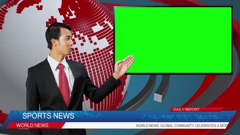 live news studio with male anchor reporting on the sport, video story show green chroma key screen placeholder copy space.television newsroom channel with professional presenter