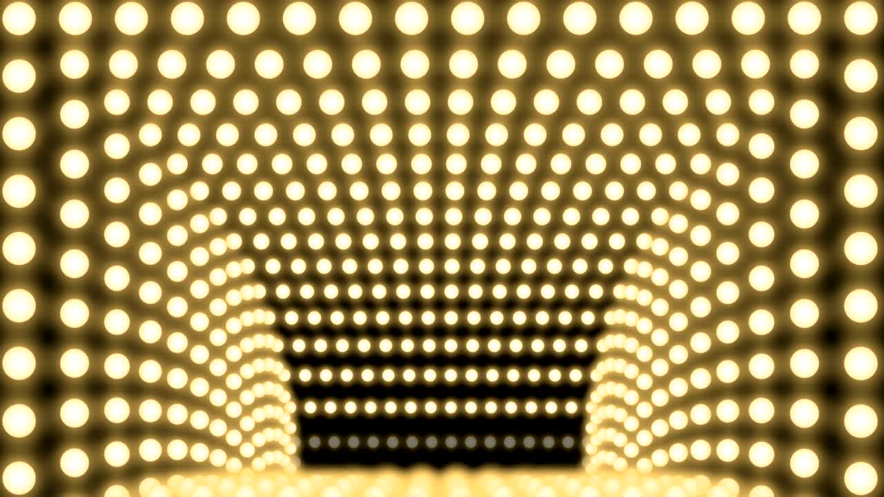 터널 전구 박스 프레임 직사각형 모양 이동 패턴, 레트로 3d 가상 스타일 일러스트레이션 어두운 배경에서 빛나는 원활한 루핑 애니메이션 4k, 복사 공간