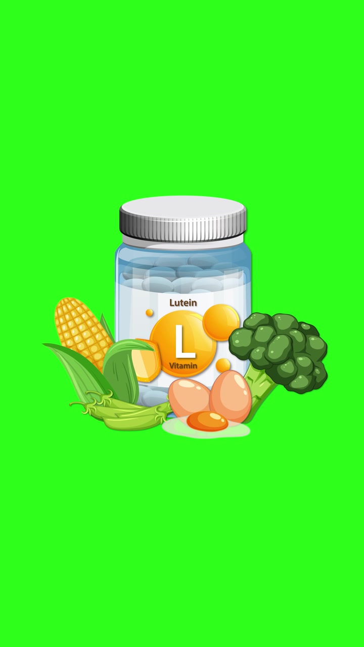 Lutein vitamin bottle with corn, broccoli, peas, and eggs appears on vibrant green background
