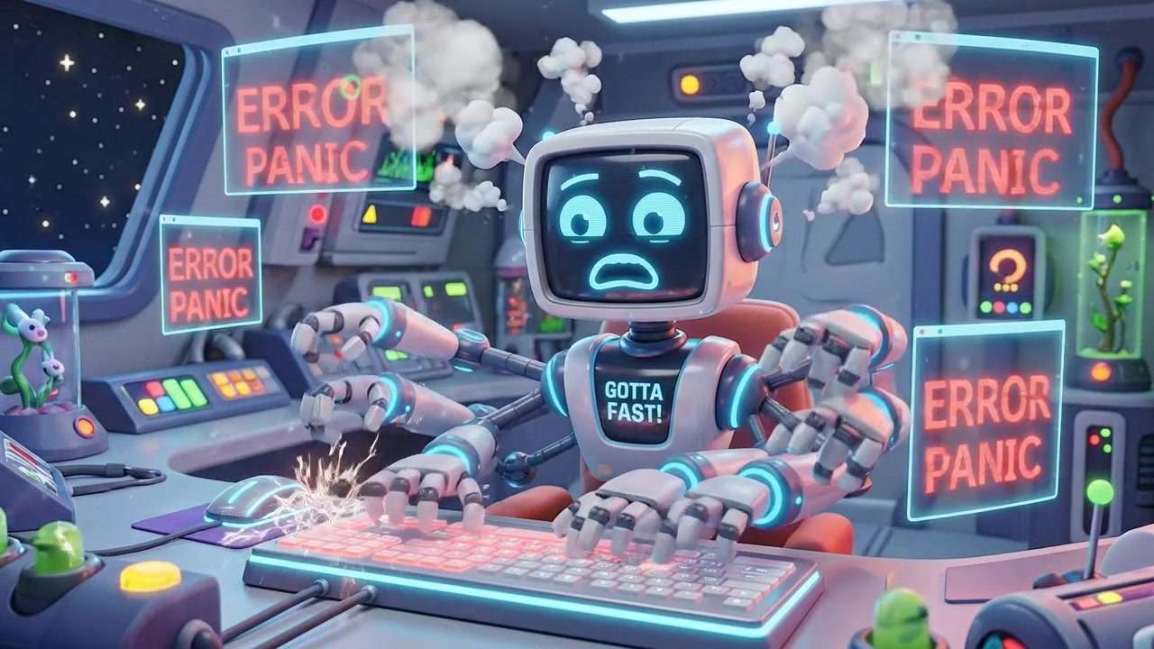 Stressed Robot Typing on Keyboard in Futuristic Control Room