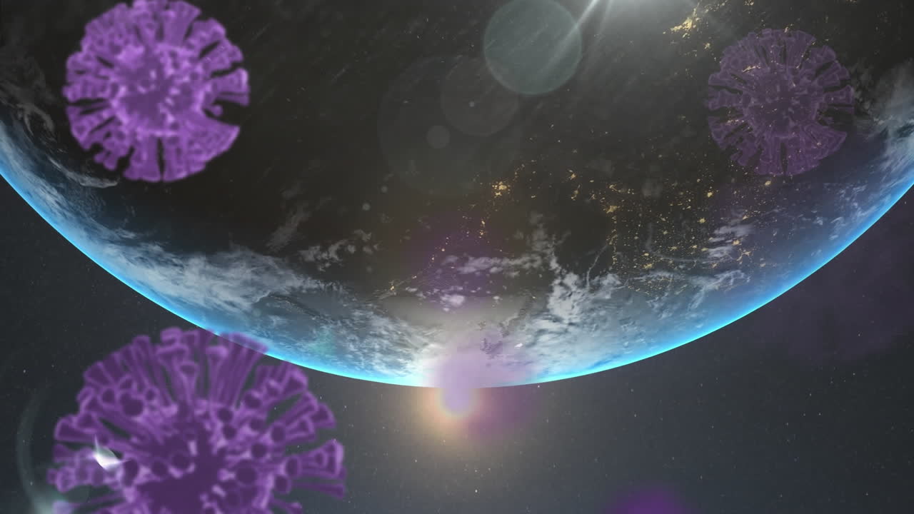 여러 개의 보라색 코로나19 세포가 검은 바탕에 회전하는 지구 위에 떠다니고 있습니다.