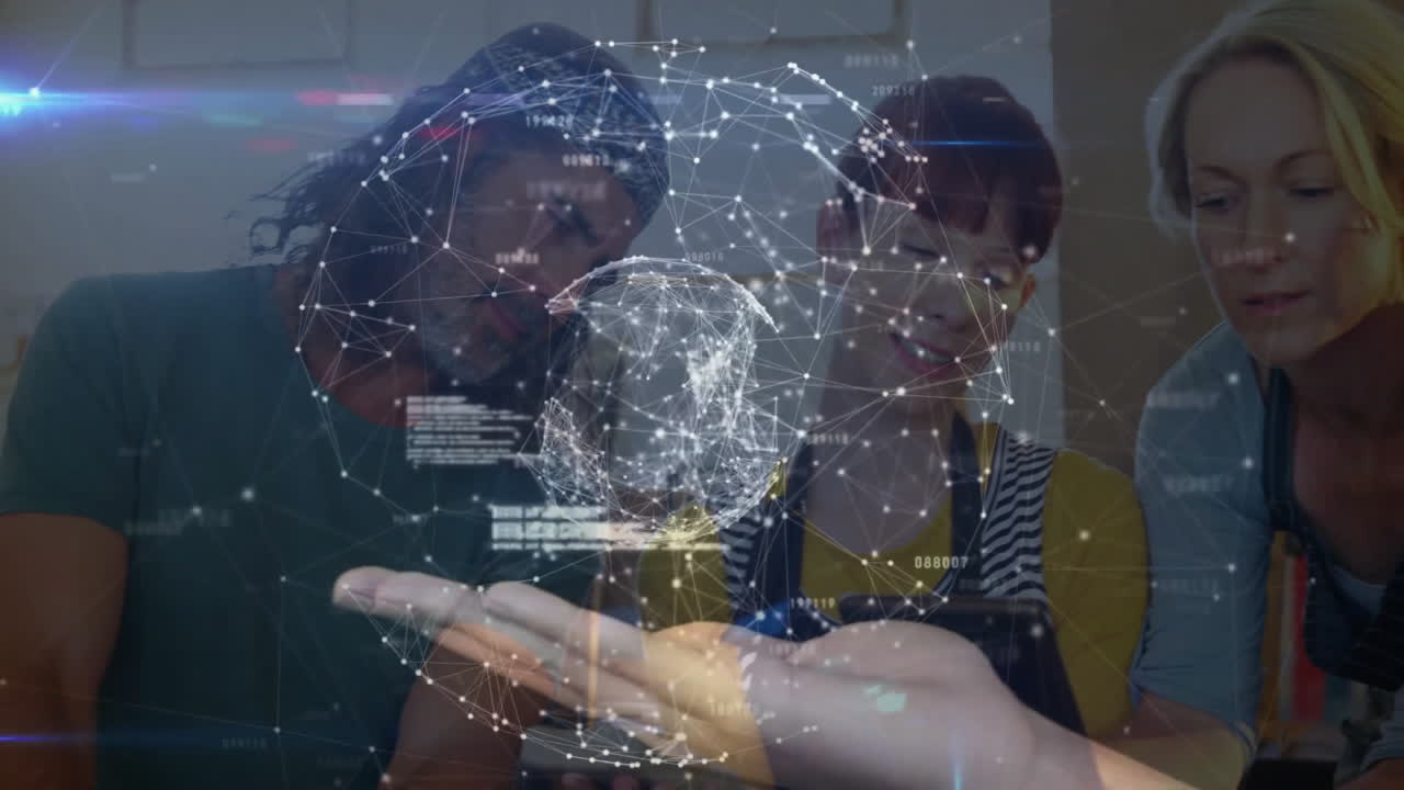 Software developer, UI designer and project manager exploring digital network sphere in tech lab