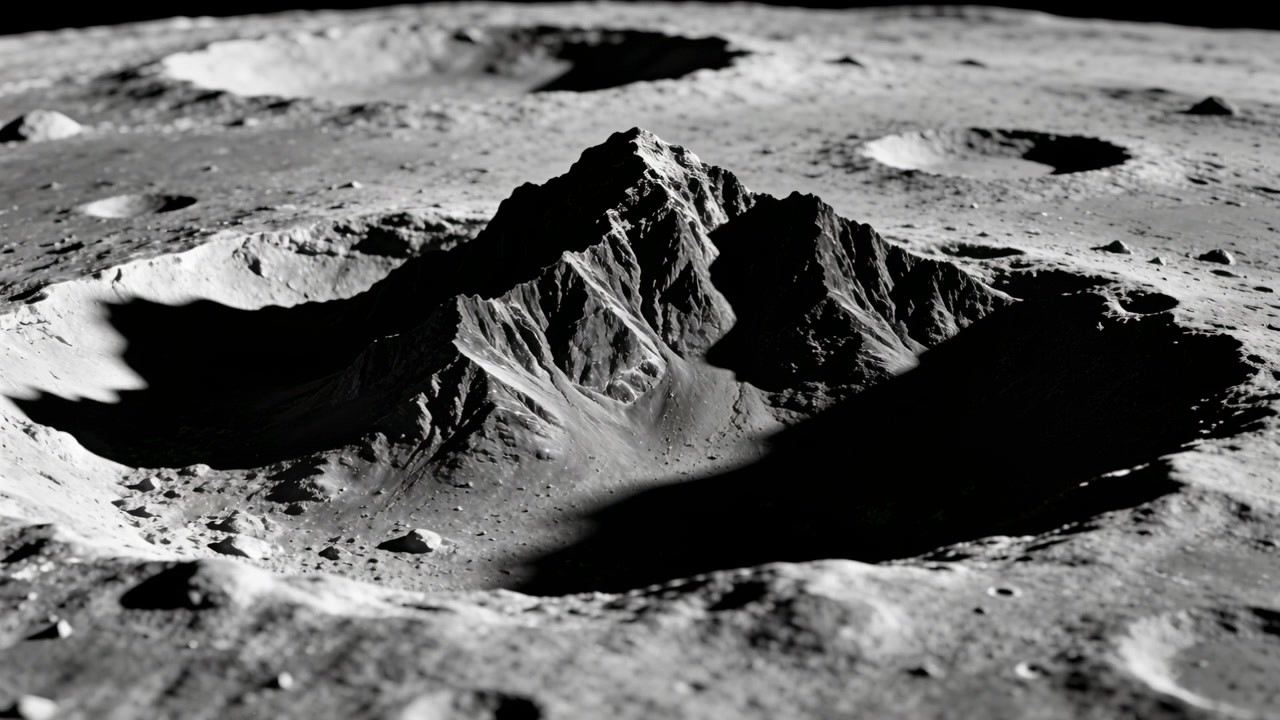 Paneo de cámara durante un lento desplazamiento sobre un cráter lunar, revelando un pico central y terrazas sombreadas.