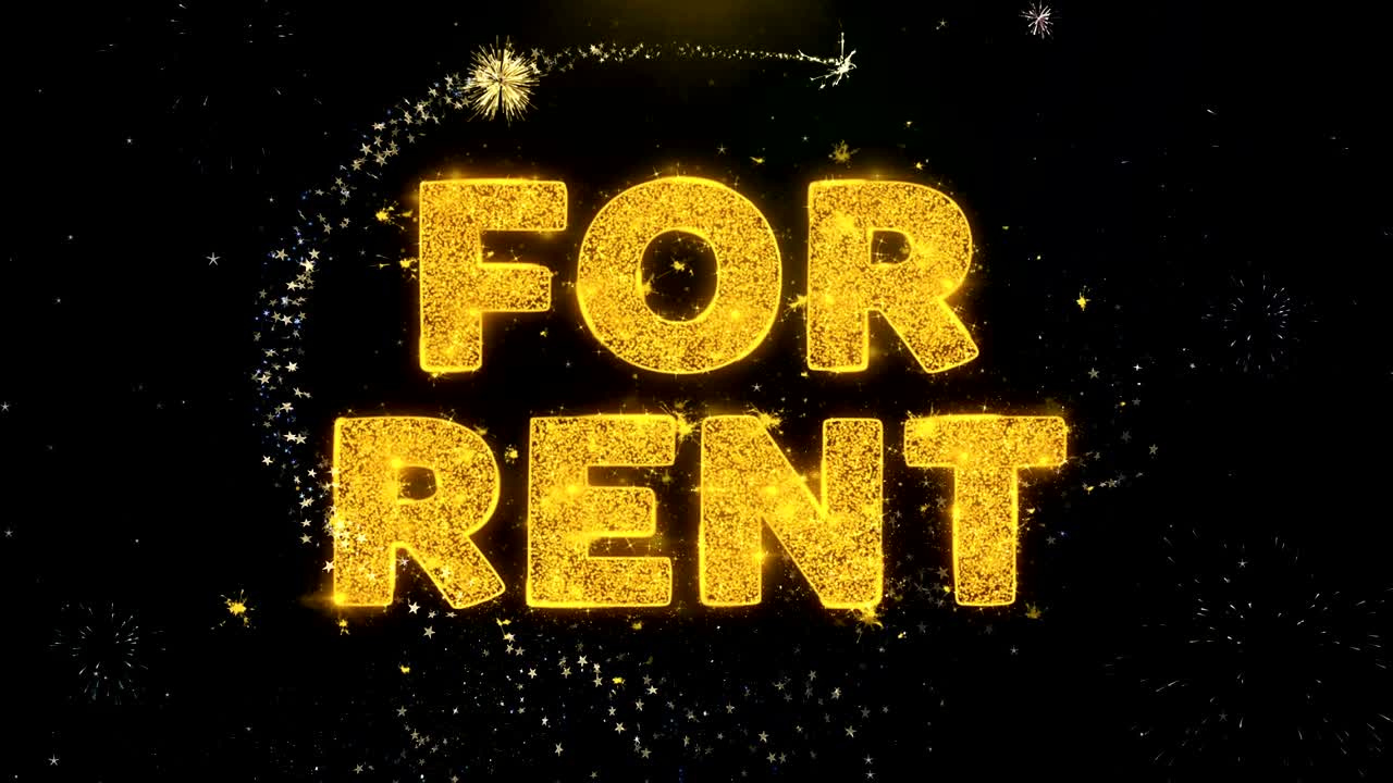 For Rent Text on Gold Particles Fireworks Display.