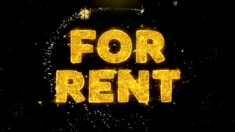 for rent text on gold particles fireworks display.