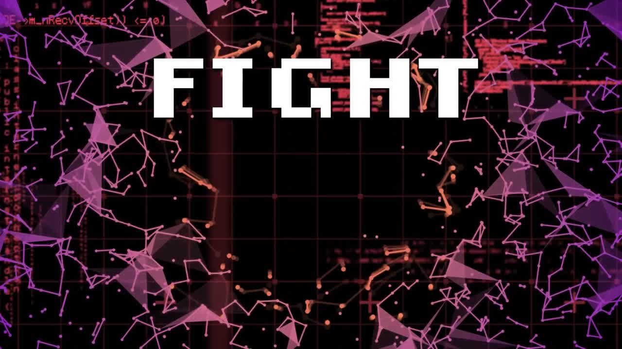 검은색 배경에 대한 플렉서스 네트워크를 통해 전투 텍스트 및 데이터 처리의 애니메이션