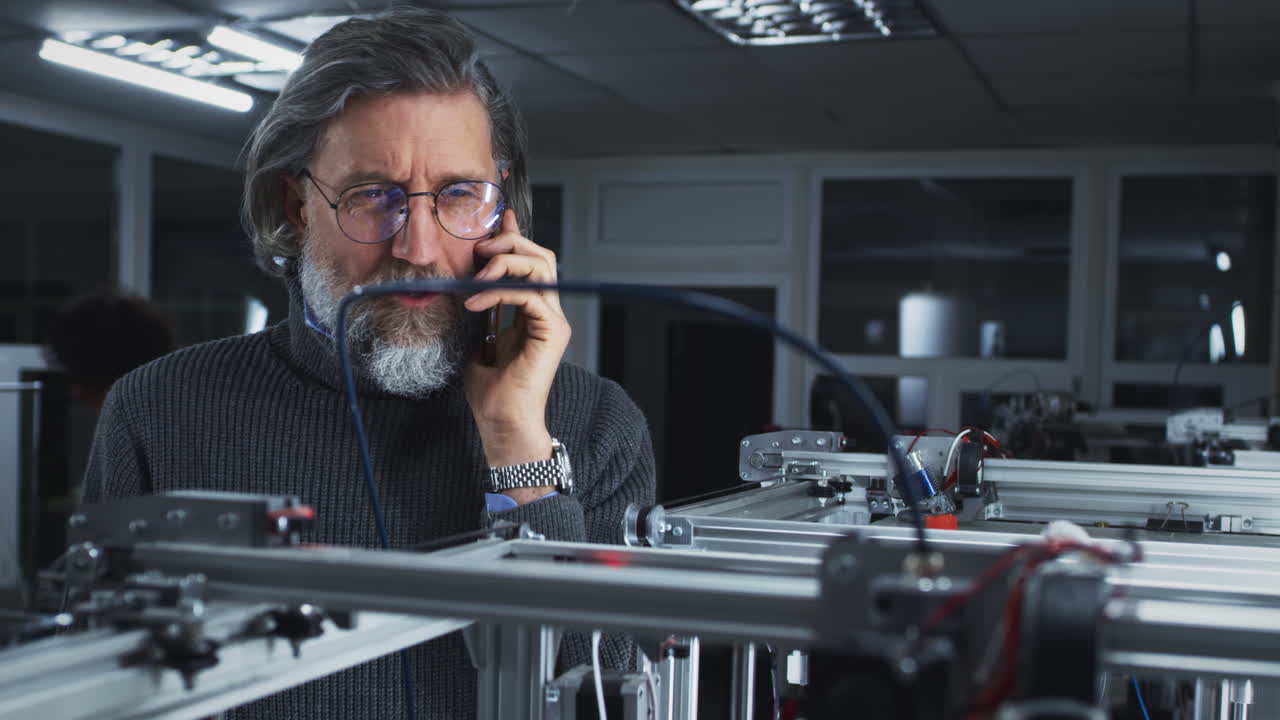A man talking on a phone in a laboratory