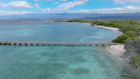 Luftaufnahme-Nach-Vorne-über-Türkisfarbenem-Wasser-Und-Steg-Am-Strand-Von-Cabo-Rojo,-Dominikanische-Republik