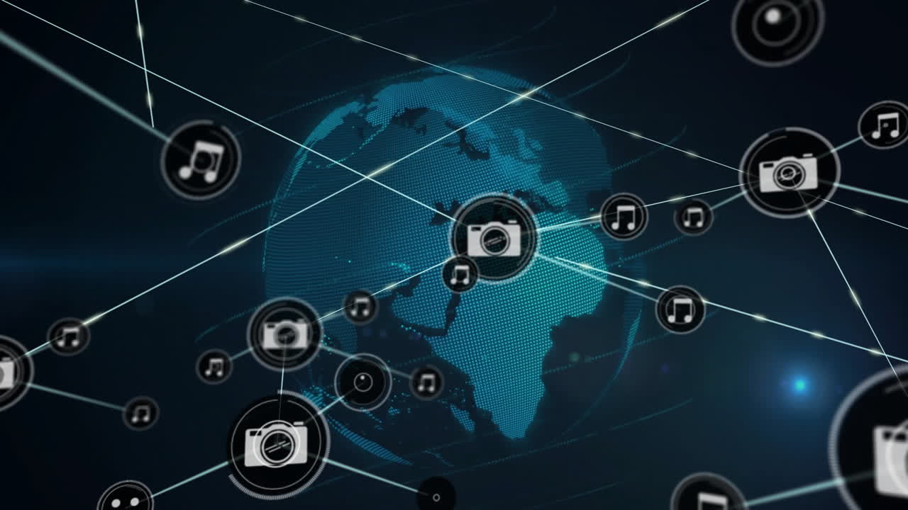 Animation of digital icons and network connections representing global communication