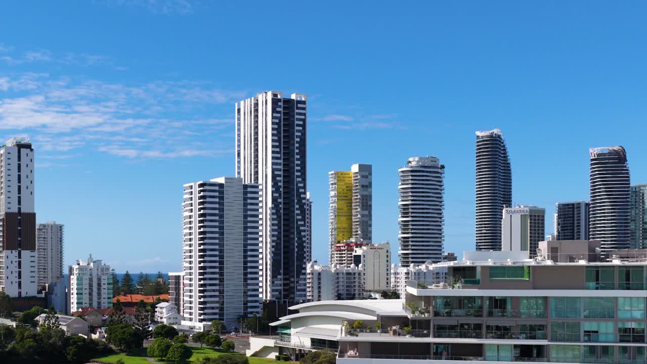 Aerial view of Gold Coast's modern skyline with tall skyscrapers under clear blue skies, showcasing urban architecture and vibrant city life