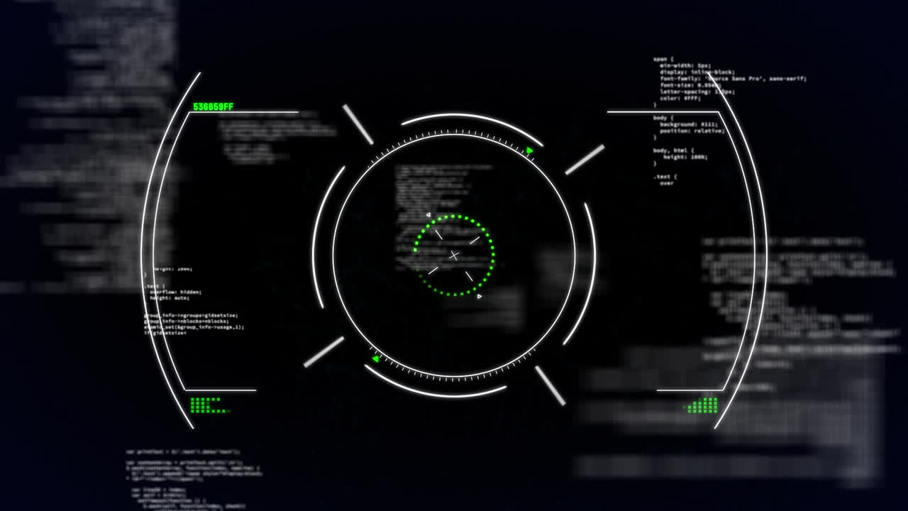 Animation of scope scanning and data processing over man wind scope scanning on black background