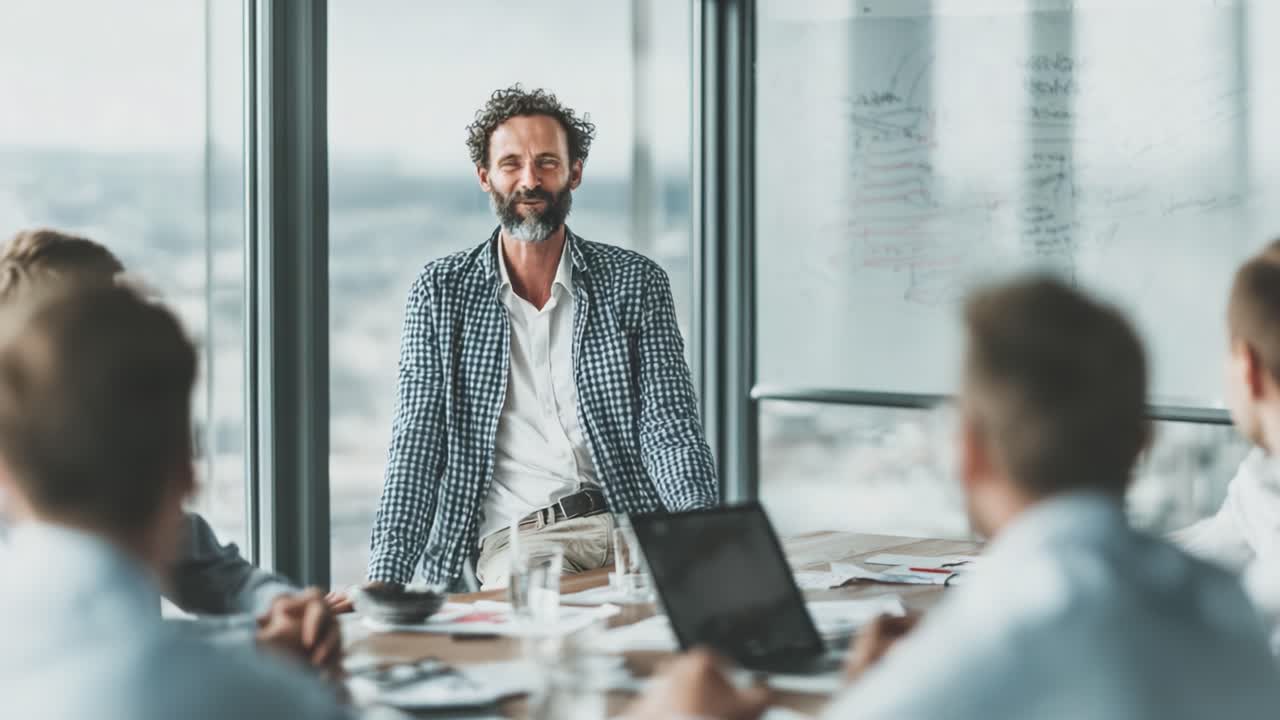 A confident leader engages actively with a group of colleagues during a productive business meeting in a modern office environment, emphasizing collaboration and communication