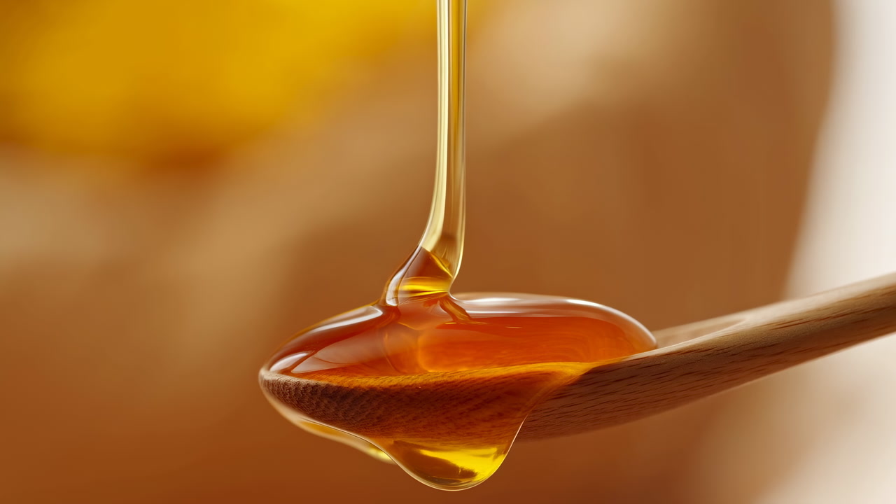 Golden Honey Pouring Onto Wooden Spoon, Macro Closeup With Warm Backlight, Viscous Amber Stream Forming