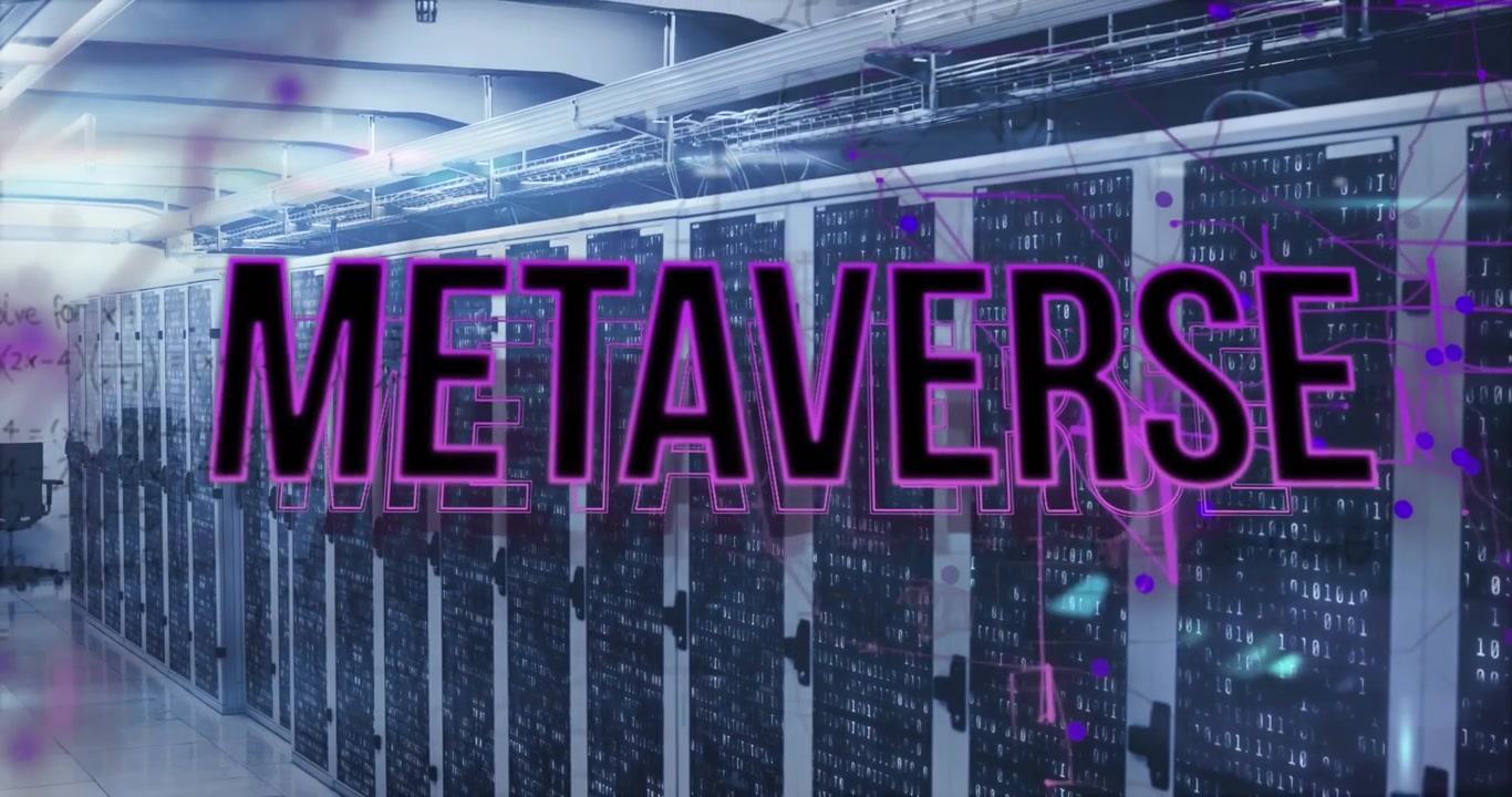 Animation of metaverse text banner and mathematical equations against computer server room
