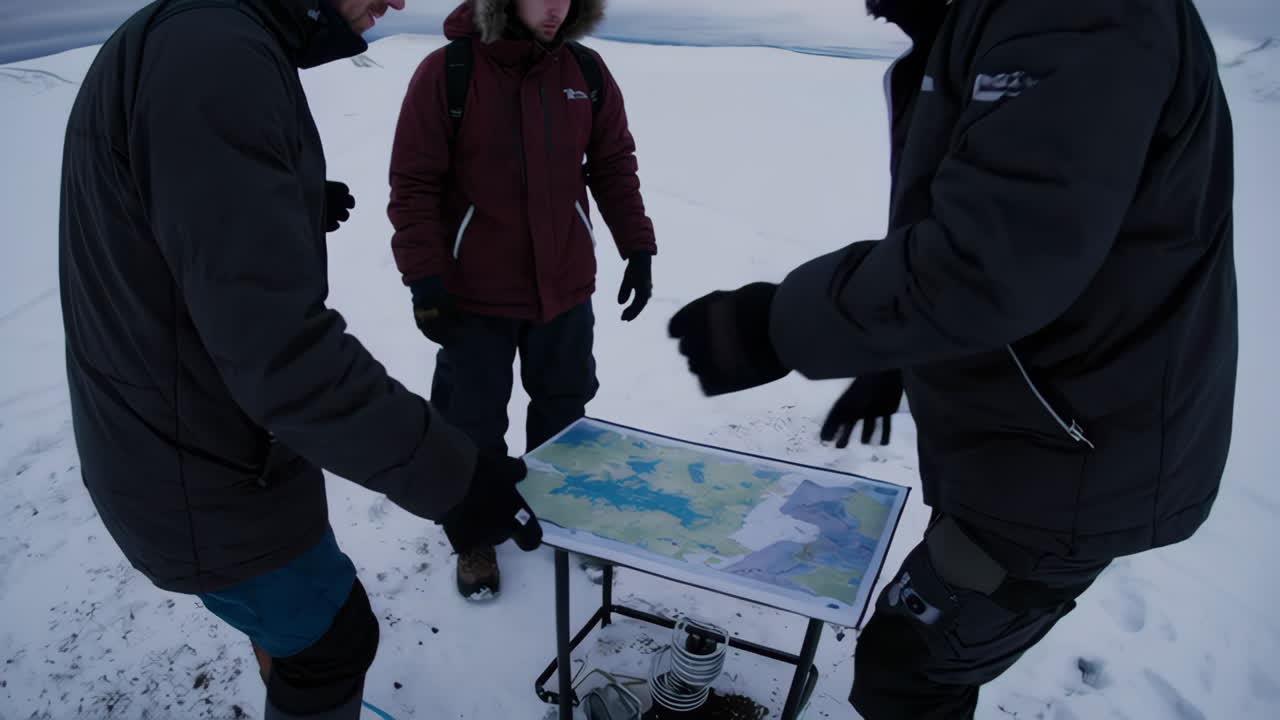 Hikers Studying a Map in Snowy Terrain