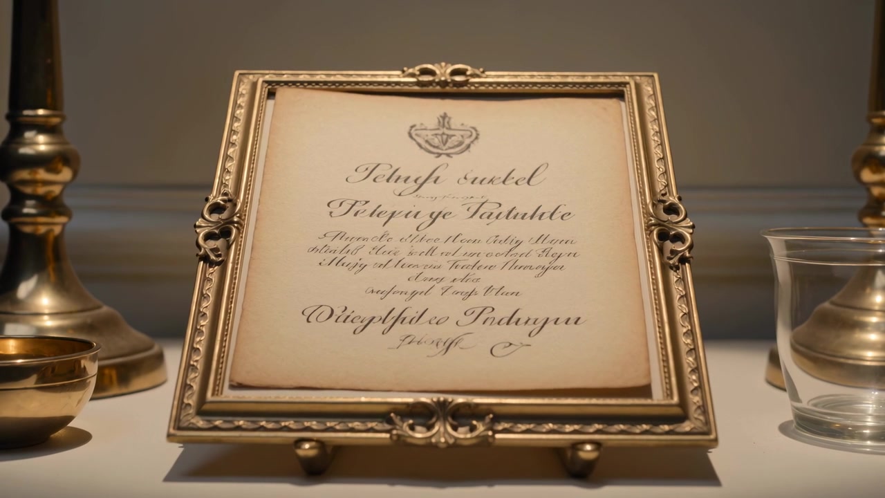 Caméra zoomant rapprochant un cadre doré orné sur une table, révélant un manuscrit et des chandeliers.