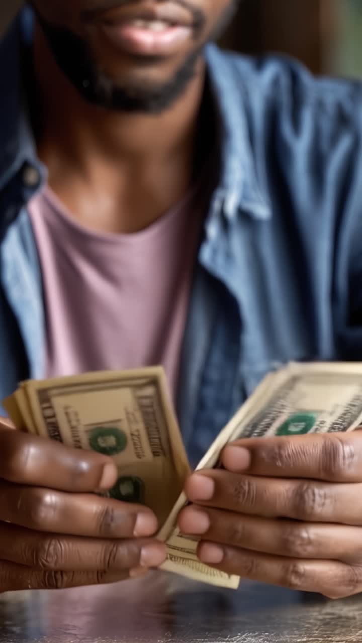 Una persona con contanti, che mostra la gestione della valuta e le transazioni in un primo piano con focus dettagliato su denaro e mani in un ambiente naturale