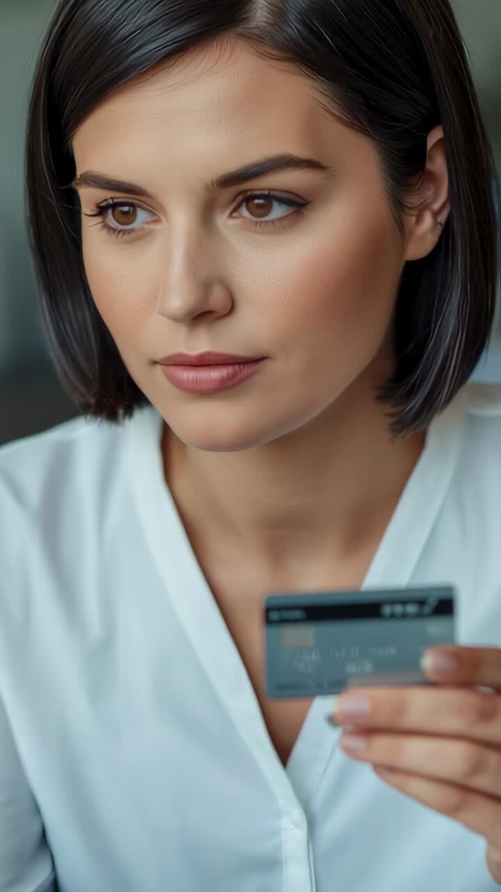 Vertical video: Holding card up, woman comparing card with phone at home, typing payment, white top