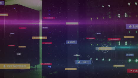 floating social media icons and digital notifications over abstract animation background