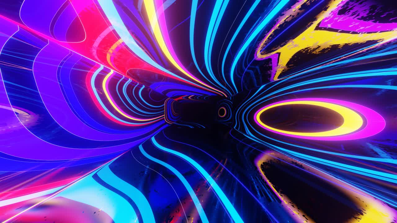 Colorful multicolor pattern. Fly through mirror tunnel with neon pattern, glow lines form sci fi pattern. Bright reflection neon light. Simple bright background, sci fi structure. 4k seamless looped