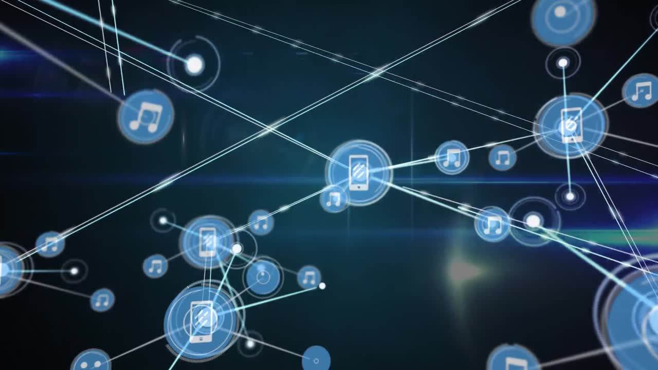 animación de una creciente red de iconos de música y medios que transfieren datos sobre un fondo negro