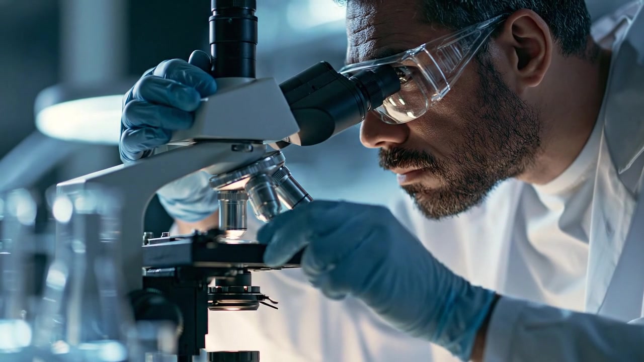 Gloved laboratory scientist carefully adjusting a microscope during research