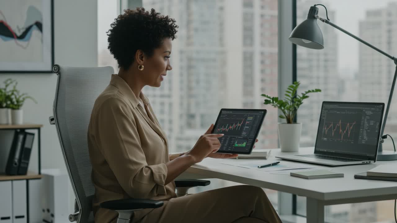 Focused Professional Analyzing Data and Trends on Tablet and Laptop in Modern Office Setting Amid Cityscape Backdrop