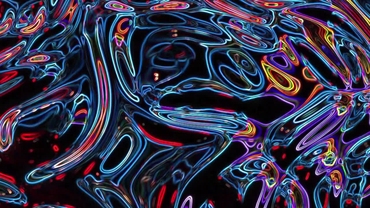 Seamless loop of a psychedelic abstract animation with morphing liquid forms and glowing multi-color neon outlines on a black background. For VJ loops or music videos