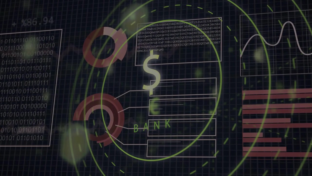 Data arriving initiating central white dollar sign pulsing, charts growing, showing bank data