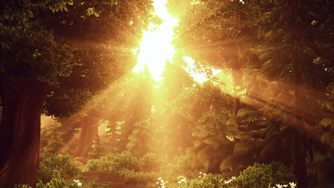 карикатурные солнечные лучи, проходящие сквозь деревья