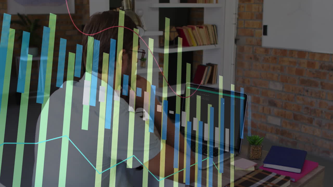 Working on laptop, businessman analyzing financial graph animation in office