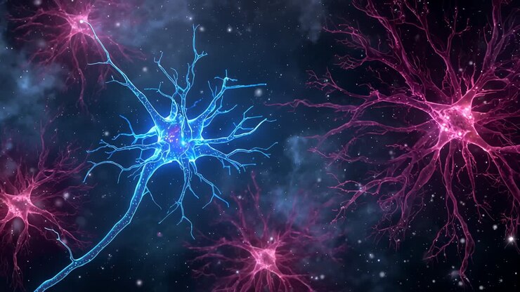Extending blue neuron sending glowing packet toward pink neuron on contact for signaling in nebula